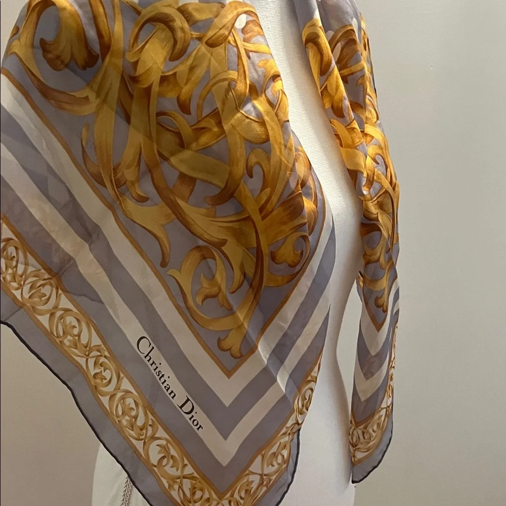 Dior Elegant Gold and Gray Scarf with Polka Dots